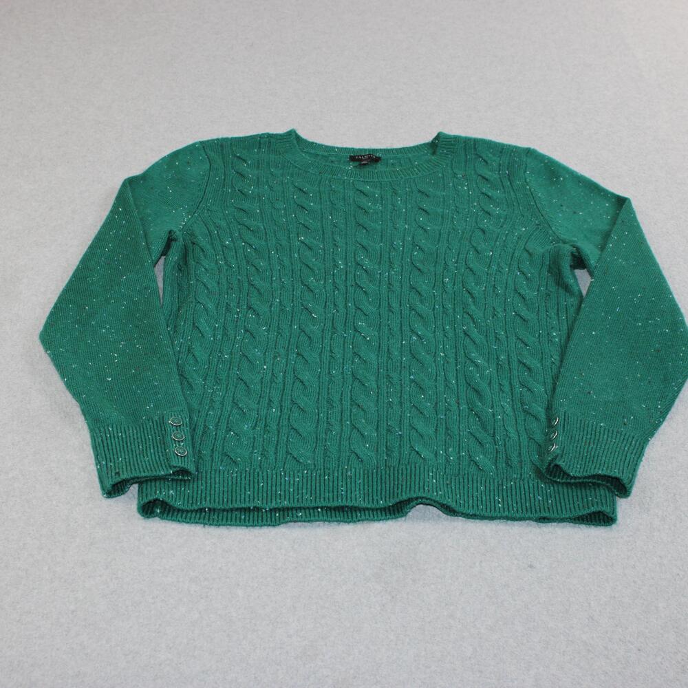 Talbots Sweater Women Large Petite Green Cable Knit Crew Neck Button Cuff Classi